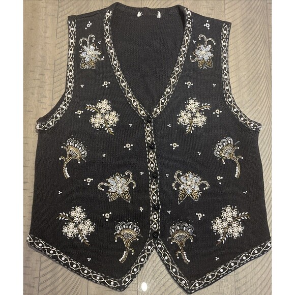 Womens Holiday Sweater Vest Embroidered Beaded festive party Christmas Sz Large - Picture 1 of 5